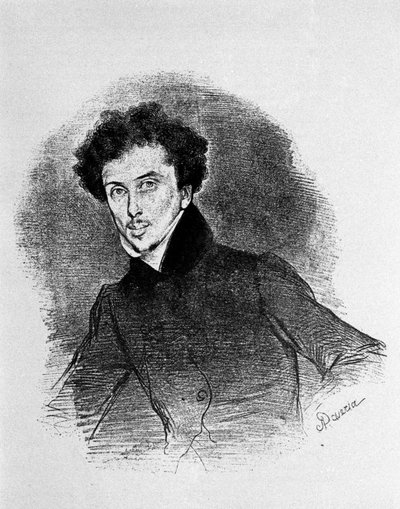 フランスの作家、アレクサンドル・デュマ父（1802 - 1870）の肖像（1832年頃）。デヴェリアのリトグラフ。 作： Achille Devéria