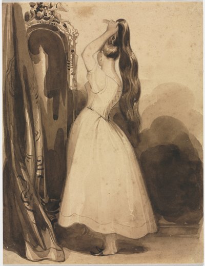 髪をとかす若い女性 作： Achille Devéria