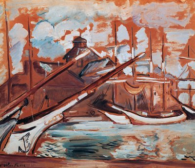 港のシーン、Othon Friesz (1879-1949) 作、厚紙に油彩、54x65 cm。 フランス、20世紀。 作： Achille Emile Othon Friesz