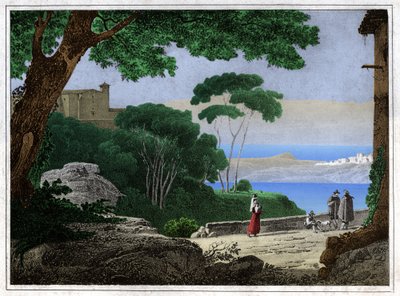 アルバーノ湖。(エッチング、1820年頃) 作： Achille Etna Michallon