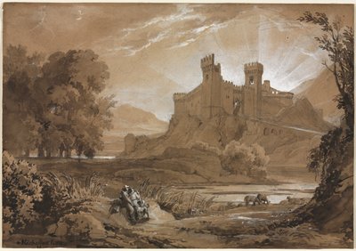 城と羊飼いのいる風景、1814年。 作： Achille Etna Michallon