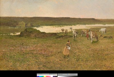 イタリア、ロンバルディア州、セスト・カレンデ近郊、または「平原での放牧」 アキッレ・フォルミス（1832-1906）作 1887年 個人蔵 作： Achille Formis Befani