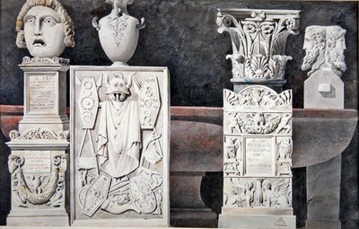 古代彫刻の断片（グラファイト、ウォッシュ、紙に水彩） 作： Achille Francois Leclere