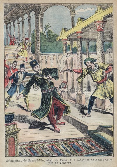 1896年にペルシャ（イラン）の国王ナセル・エド・ディン（1831-1896）が暗殺される（ナッセレディン・シャー、ナッセレ・アル・ディン・シャー・カジャール、ナセル・アル・ディン・シャー・カジャール、ナシルディン・シャーとも呼ばれる） ・1896年の「ル・ペレリン」のためのアキール・ルモの挿絵 ・暗殺された 作： Achille Lemot
