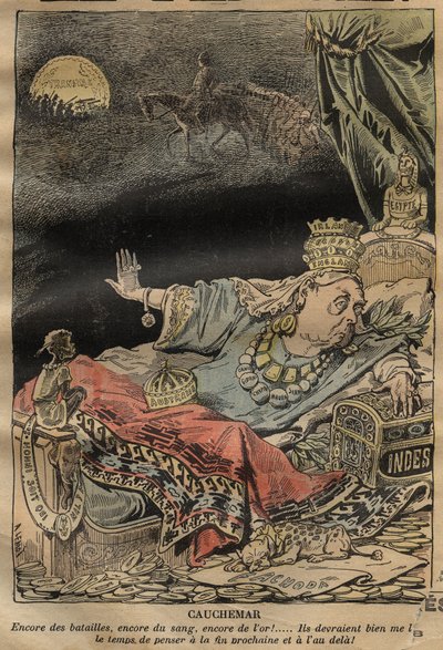 アシール・ルモ(1846-1909)によるヴィクトリア女王の漫画 - 1899年 - 悪夢 - より多くの戦い、より多くの血、より多くの金...。 作： Achille Lemot
