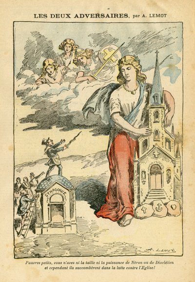 Achille Lemot (1846-1909)によるイラスト（Le Pelerin, 09/09/06） - 二人の敵 - 反ユダヤ主義, 宗教 信仰, 三色旗, カテドラル教会, シナゴーグ, カトリックカトリック - 寓意, 縮尺の変更 作： Achille Lemot