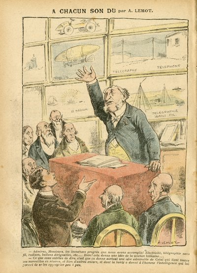 Achille Lemot (1846-1909)によるイラスト（Le Pelerin, 22/09/07） - モダニテ, 自動車, 宗教 信仰, 無神論, 進歩, 電信, 無線電信, 電話, ラジウム, カトリック カトリック主義 - 知的 作： Achille Lemot