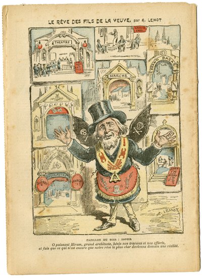 Achille Lemot (1846-1909)によるイラスト（Le Pelerin, 23/09/06） - 未亡人の息子たちの夢 - 反軍国主義, 宗教 信仰, 教会 Cathedralales, Catholic カトリック - 宗教的空間のライシゼーション, Laicisation Laicite 平行法 - Hiram 作： Achille Lemot