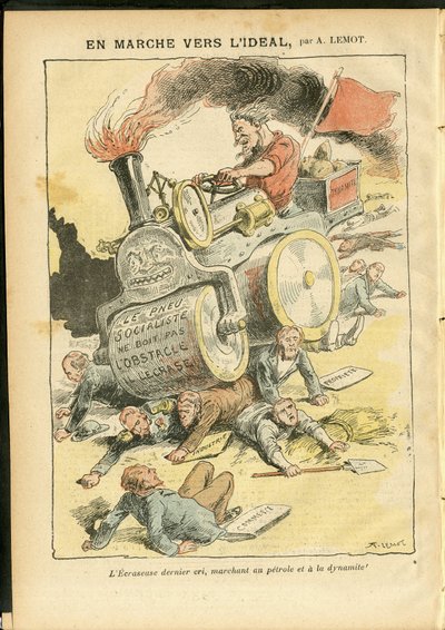 Achille Lemot (1846-1909)によるイラスト（Le Pelerin, 27/05/06） - 理想への行進 - 社会, 自動車, 死体, 革命, 赤旗, 経済, 社会主義, 空気圧, パンク 作： Achille Lemot