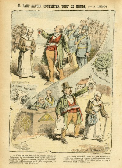 Achille Lemot (1846-1909)のイラスト（Le Pelerin, 03/09/05） - Il faut savoir savoir contenter tout monde - Anticlericalism, Antimaconism Freemaking, Religion Faith, Medal, Bloc des lefts, Catholic カトリック - Evictions de religieux, Laicisation Lai 作： Achille Lemot
