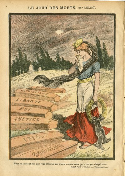 Achille Lemot (1846-1909)のイラスト（Le Pelerin, 03/11/07） - 死者の日 - 正義の執行, 宗教 信仰, Liberte, フランス, 三色旗, 愛国心, 喪服 Obseque 葬儀, 名誉, 棺 - Marianne - 死, 宗教的メタファー 作： Achille Lemot