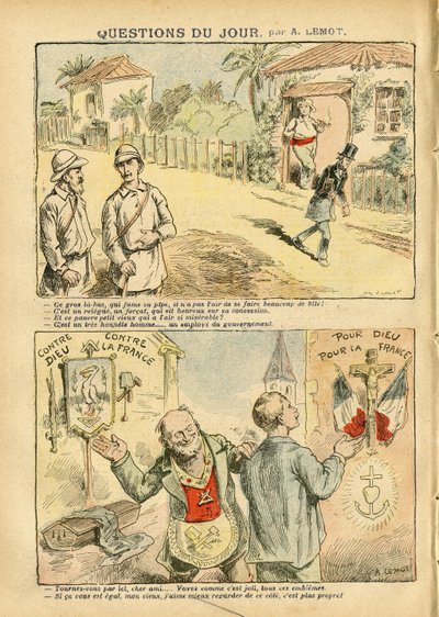Achille Lemot (1846-1909) のイラスト（Le Pelerin, 06/10/07） - 今日の質問 - 植民地化 植民地主義 反マコニズム フリーメイキング 宗教 信仰 無神論 愛国心 亡命 カトリック カトリシズム - 移住者 探検者 Forcats, bagnards 作： Achille Lemot