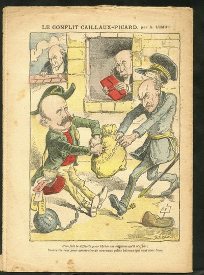 Achille Lemot (1846-1909)のイラスト（Le Pelerin, 07/03/09） - Caillaux-Picardの対立 - 税制、所得税 - Combes Emile (1835-1921), Clemenceau George, Caillaux Joseph (1863-1944) 作： Achille Lemot