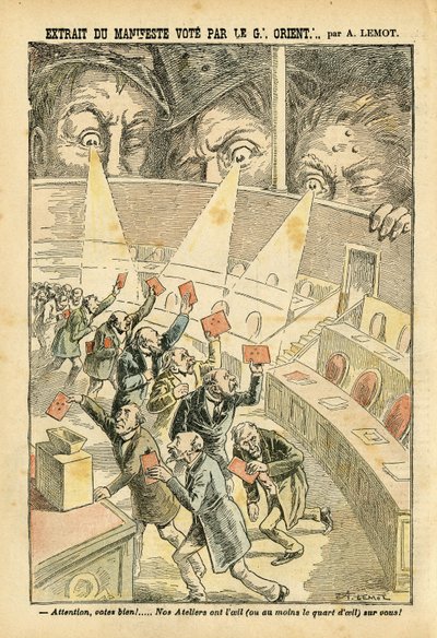 Le Pelerin, 20/11/04に掲載されたAchille Lemot (1846-1909)のイラスト - 大東洋のマニフェスト投票からの抜粋 - Antimaconism Freemaking, Great Orient of France - Urn 作： Achille Lemot