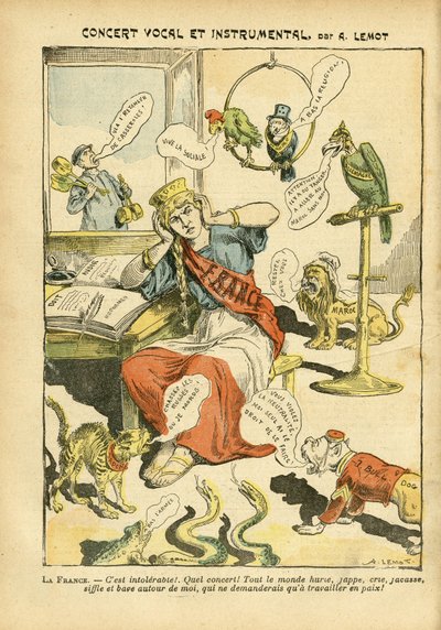Achille Lemot (1846-1909)のイラスト（Le Pelerin, 21/05/05） - 声楽と器楽のコンサート - ロシア, ドイツ プロイセン, 音楽, イギリス 英国, ヨーロッパ, 日本, 平和, モロッコ, 外交, 三色旗, ブロック・デ・レフト, 歌手, 愛国者 作： Achille Lemot