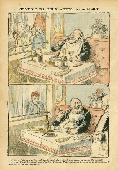 Achille Lemot (1846-1909)のイラスト（Le Pelerin, 22/05/04） - 二幕構成の喜劇 - レストラン・カフェ、ガストロノミー料理、社会主義 - カフェの少年たち、トリュフ - 脂肪/汚れ 作： Achille Lemot