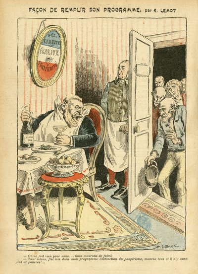 Le Pelerin, 23/07/05に掲載されたAchille Lemot (1846-1909)のイラスト - 彼のプログラムを実現する方法 - 社会的、Misere、ガストロノミーの料理人、社会主義 - Jaures Jean, Depute, Homemans - 食のメタフォア、対立・連合体 作： Achille Lemot