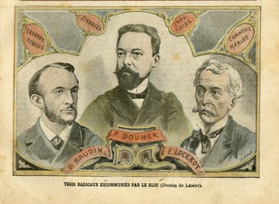 Le Pelerin, 23/10/04に掲載されたAchille Lemot (1846-1909)のイラスト - 3人の急進派がBlocによって破門される - 財政予算、共和国大統領、海事海洋航海、インドシナ、公共事業 - Doumer Paul (1857-1932), 作： Achille Lemot