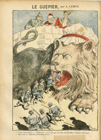 Achille Lemot (1846-1909) のイラスト（Le Pelerin, 25/08/07） - Le Guepier - 戦争, ドイツ プロイセン, イギリス 英国, スペイン, 海上, 海辺 - 獅子/虎 作： Achille Lemot
