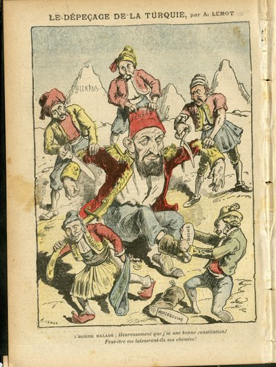 Achille Lemot (1846-1909)のイラスト（Le Pelerin誌、25/10/08） - The depecage of Turkey - トルコ, 宗教 信仰, バルカン半島, ブルガリア, ボスニア・ヘルツェゴビナ, クレタ島, カトリック カトリック教 - アブドゥル＝ハミド2世 (1842-1918) 作： Achille Lemot
