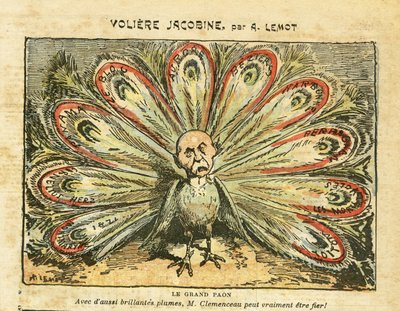 Achille Lemot (1846-1909) のイラスト（Le Pelerin, 26/01/08） - Voliere jacobine - Bloc des lefts, Wine crisis Revolte des vignerons, Narbonne, Beziers, Aurore (diary) - Clemenceau George, Peacock, - Animation 作： Achille Lemot