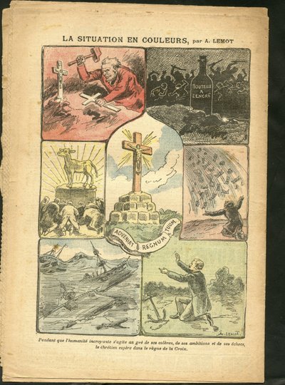 Achille Lemot (1846-1909)のイラスト（Le Pelerin, 28/02/09） - カラーで見る状況 - 宗教 信仰, 海上・海辺, 無神論, 事故・災害・天災, キリスト教の十字架, カトリック - 金の子牛 作： Achille Lemot