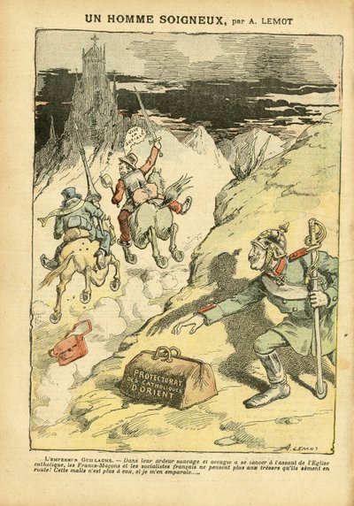 28/05/05のLe Pelerinに掲載されたAchille Lemot (1846-1909)のイラスト - A Careful Man - 反角主義, 社会, 植民地化 植民地主義, フランコ・メーコニズム, 東洋, 宗教 信仰, 左翼ブロック, 社会主義, 東方カソリックの保護国, カトリックの猫 作： Achille Lemot