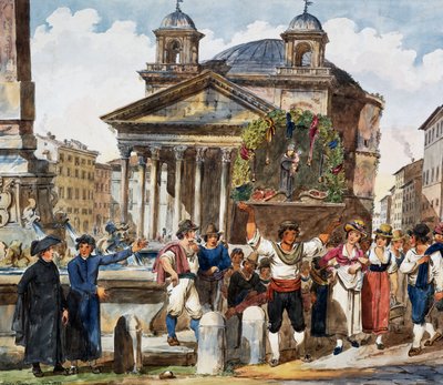 ローマのパンテオンでのイチゴ祭り 水彩画 アキール・ピネッリ（1809-1841）作 イタリア 作： Achille Pinelli