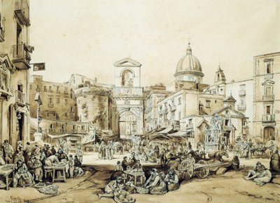 ナポリのポルタ カプアーナ、Achille Vianelli (1803-1894) 作、セピア色、43x60.5 cm 作： Achille Vianelli