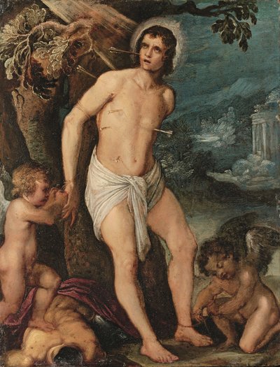 天使が出席する聖セバスチャン（銅に油彩） 作： Adam (circle of) Elsheimer