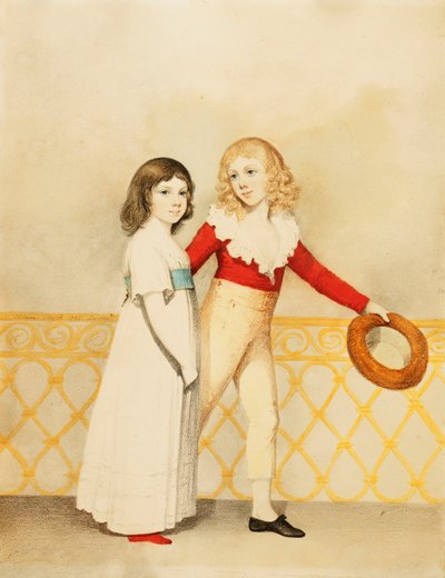 バルコニーにいるウィリアムベリンガムバドワースと彼の姉妹のエマメアリーの肖像、1795年 作： Adam Buck