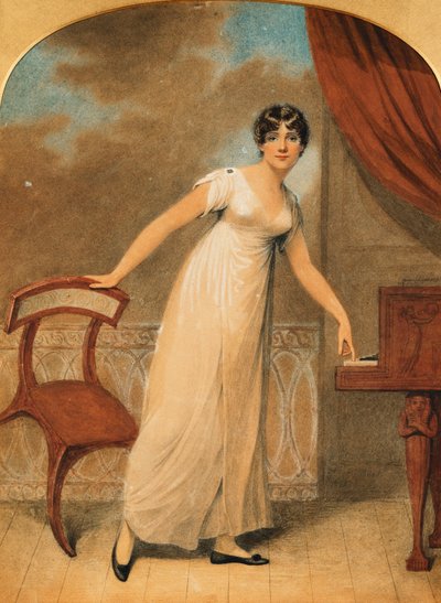 ピアノで白いドレスを着て立っている女性の肖像1801 作： Adam Buck