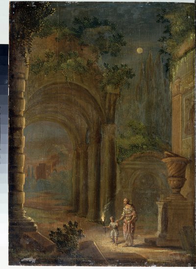 アダム・エルスハイマー (1578-1610) の絵画「月光による廃墟の風景」 国立野外博物館 パレス ガッチナ、サンクトペテルブルク、ロシア 作： Adam Elsheimer