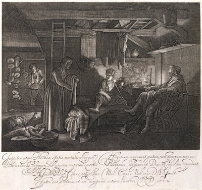 ヘンドリックゴート伯爵（1585-1630）によって刻まれたフィレモンとバウシスの家 作： Adam Elsheimer