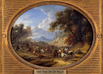 強盗による護送船団の襲撃 アダム・ファン・デル・ミューレン（1632-1690）の絵（ec.flam.） 日 0,2x0,27 m 作： Adam Frans van der Meulen