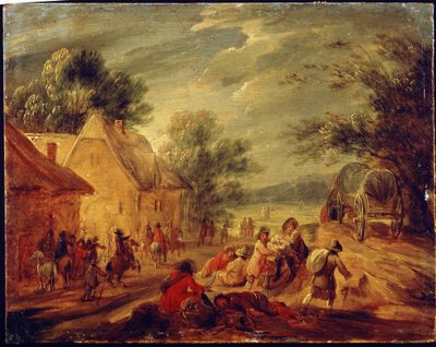 集落を攻撃する騎手。 Adam Frans van der Meulen (1632-1690) による絵画。 木に油彩。 フランダースの芸術、バロック様式。 プーシキン美術館、モスクワ。 作： Adam Frans van der Meulen