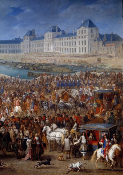 中庭と私生児ポン・ヌフを馬車で渡るルイ14世（1638-1715）の右ディテール。アダム・フランソワ・ファン・デル・ミューレン（1632-1690）による絵画 作： Adam Frans van der Meulen