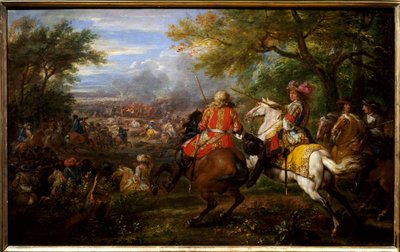 1667年8月31日、ブルージュ運河の近くでスペイン軍を撃破。白馬に乗ったフランス国王ルイ14世が、将軍たちに囲まれている。フランソワ・ド・クレクイ（1629-1687）と、グランド・コンドと呼ばれるブルボン・コンド（ブルボン・コンド）家の王子ルイ2世（16 作： Adam Frans van der Meulen