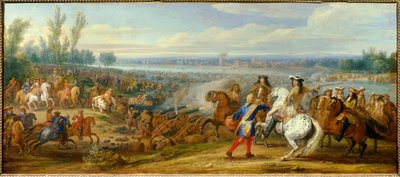 オランダ戦争：「1672年6月12日のライン川通過」 国王ルイ14世（1638-1715）とブルボン家の王子ルイ2世（ブルボン・コンデ）（グランド・コンデ）（1621-1686）の軍勢がライン川を通過してトルフイスに向かう。アダム・フランツ・ファン・デル・ミューレン（1632-1690）による絵画 作： Adam Frans van der Meulen