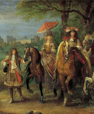 1669年、ヴァンセンヌ城の前を歩く国王ルイ14世（1638-1715）と王妃マリー=テレーズ（1638-1683） アダム・フランツ・ファン・デル・ミューレン（1632-1690）の絵画の詳細です。 作： Adam Frans van der Meulen