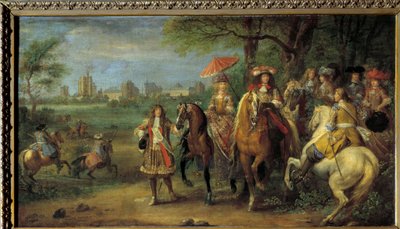 ヴァンセンヌ城の前を歩く国王ルイ14世（1638-1715）と王妃マリー=テレーズ（1638-1683） 1669年 アダム・フランツ・ファン・デル・ミューレン（1632-1690）画 作： Adam Frans van der Meulen