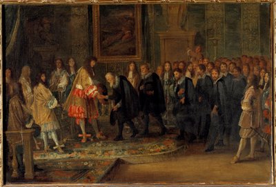 ルーヴル美術館でスイス大使を迎える国王ルイ14世 1663年11月11日 アダム・ファン・デル・ミューレン（1632-1690）の絵画 1664年 日0.44x0.66 m 作： Adam Frans van der Meulen