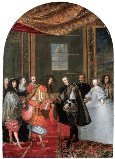 フェザント島でのフィリップ4世とルイ14世の会談（銅の油） 作： Adam Frans van der Meulen