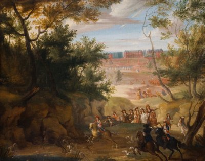 ルイ14世と狩人がいるベルサイユの眺め、1700年。 作： Adam Frans van der Meulen