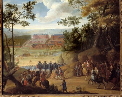 フランス国王ルイ14世（1638-1715）と銃士隊のいる1664年のヴェルサイユ宮殿の眺め。アダムス・フランツ・ファン・デル・ミューレン（1632-1690）の絵画 作： Adam Frans van der Meulen