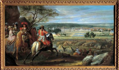 1669年のフォンテーヌブロー城の眺め、ルイ14世（1638-1715）とマリー・テレーズ・オブ・オーストリア（1638-1683）を中心に アダム・フランツ・ファン・デル・ミューレン（1632-1690）の絵画 1669年 日。0,53x0,95 m. 作： Adam Frans van der Meulen