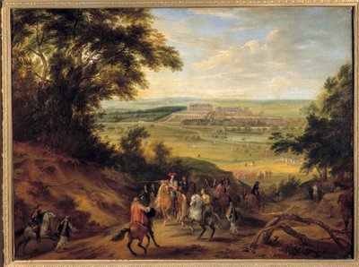 サトーリの高台から撮影されたヴェルサイユ城の眺め ルイ14世（1638-1715）が狩人の士官に指示を出している様子が、サトーリの高台にあるヴェルサイユ城から見て取れます。アダム・フランツ・ファン・デル・ミューレン（1632-1690）による絵画。1664 S 作： Adam Frans van der Meulen