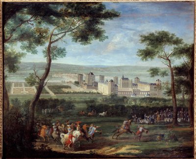 1660年頃のヴァンセンヌ城の眺め。フランス王ルイ14世(1638-1715)とオーストリア王マリー=テレーズ(1638-1683)が手前に描かれています アダム・ファン・デル・ミューレン(1632-1690)による絵画 1660年 薄さ1,10 x 1,35 m パリ、カルナヴァレ美術館 作： Adam Frans van der Meulen