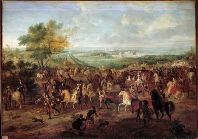 国王ルイ14世（1638-1715）、王妃マリー・テレーズ（オーストリア）、王太子ルイ、王太子妃がヴェルサイユのクラニー城の前を馬車で歩く様子 アダム・ファン・デル・ミューレン（1632-1690）の絵画 1680年頃 日1,4x1,9 作： Adam Frans van der Meulen