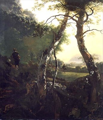 人物と牛のいるイタリアの森の風景」（油彩・パネル 作： Adam Pynacker